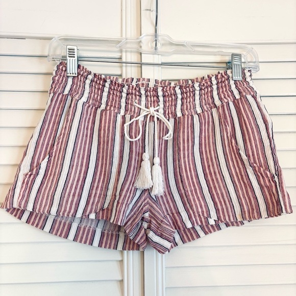 Roxy Pink and White Striped Mini Shorts Tie Tassel Elastic Cotton Size XS - Picture 1 of 5